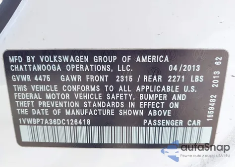 2013 Volkswagen Passat 2.5L Se из США, поврежденный, VIN 1VWBP7A36DC126418